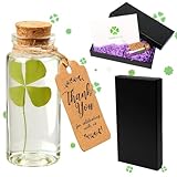Vierblättriges Kleeblatt, Glücksbringer Kleeblatt in Glasflasche mit Grußkarte und Geschenkbox, Mutmacher Geschenk, Dankeschön Geschenke, Dankeschön Geschenke für Kinder Frauen Männer