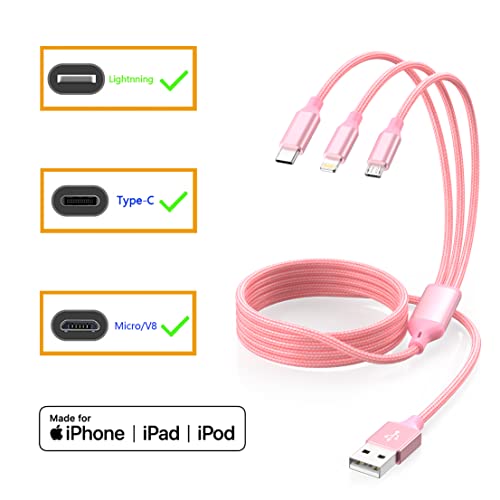 Multi Charging Cable 4ft 3Pack 3 in 1 Charger Cord, Multiple Rapid Nylon Braided Cable USB Charging Cable Multi Phone Charger Cord with Type C Micro Lightning USB Connectors for Cell Phones Pink — view 4
