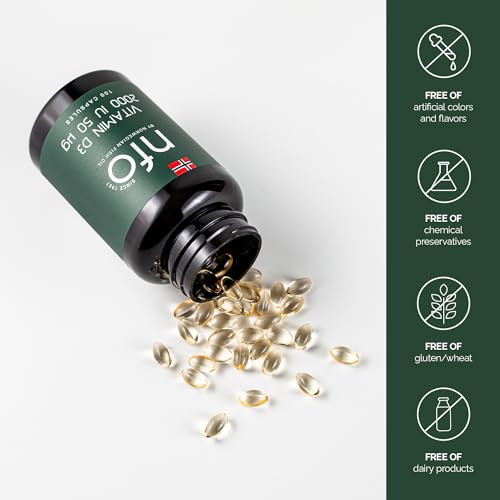 Image of NFO Vitamin D3 2000 IU (50 mcg) [100 Capsules] Natural Norwegian High-Potency Vitamin D3 Complex - Cholecalciferol Form with +30% Greater Absorption - Supports Immune System and Bone Health*