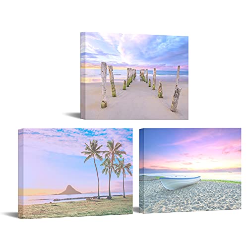 Nachic Wall 3 Panel Beach Wall Art Canvas Beautiful Hawaii Sunset Landscape Picture Prints Sea Palm Tree Painting Pink Colorful Bathroom Decoration
