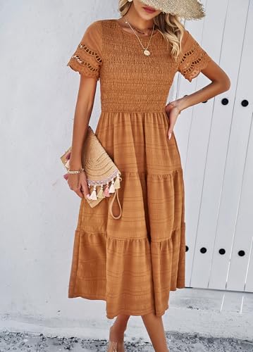 Image of Sumleno 2026 Women's Summer Midi Dresses Short Sleeve Smocked Tiered Dress Vacation Beach Wedding Guest Elegant Boho Sundress