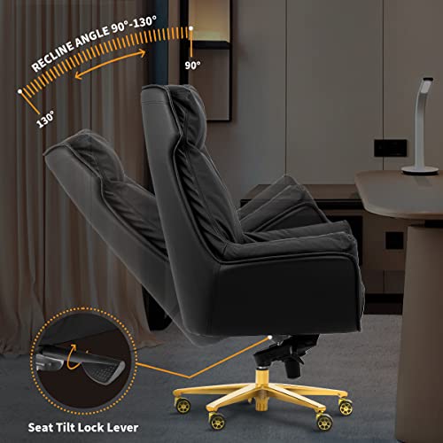 Kinnls Ergonomic Office Chair Austin Upholstered Chair Leather Executive Home Office Desk Chair,Swivel Rolling Chair,Height And Angle Adjustable,Reclining Rest (Black-Silver Base-Cowhide Leather) #TOP3