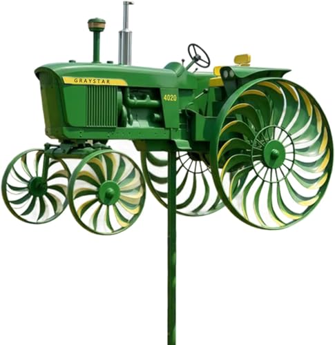 Garden Wind Spinner Green Tractor Windmill Stake with Rotating Wheels for Patio Yard Garden Unique Outdoor Sculptures Ornament Gift for Friends Family (Tractor)