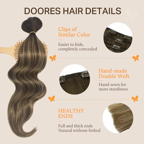 Image of DOORES 14 Inch Clip in Human Hair Extensions, Balayage Chocolate Brown to Caramel Blonde 100g 7pcs, Straight Real Hair Extensions Clip in Remy Natural Weft