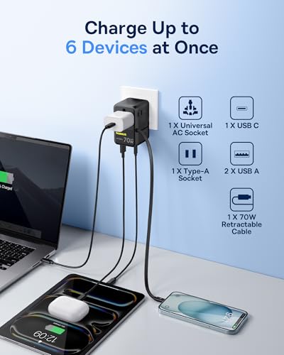Baseus 70W Universal Travel Adapter with Retractable Cable, 6-in-1 International Plug Adapter, USB-C PD Fast Charging Worldwide Wall Charger for USA/EU/UK/AUS and Over 200 Countries - Enercore CG11 - Image 5