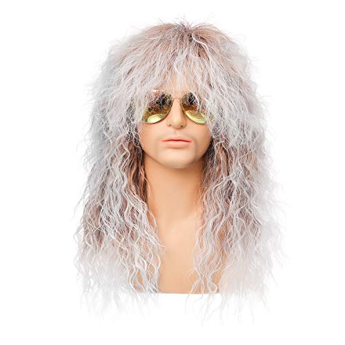Kaneles 80s Costumes Wig for Men Long Curly Brown Gradient White 70s Heavy Metal Rocker Mullet Wig Anime Wig