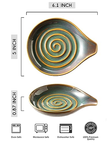 Image of LAUCHUH Spoon Rest for Kitchen Counter,5 inch Spoon Holder for Kitchen Counter Stove Top Ceramic Spatula Holder for Father's Day, Ladle, Spatula, Spoons or Tongs, Unique Green