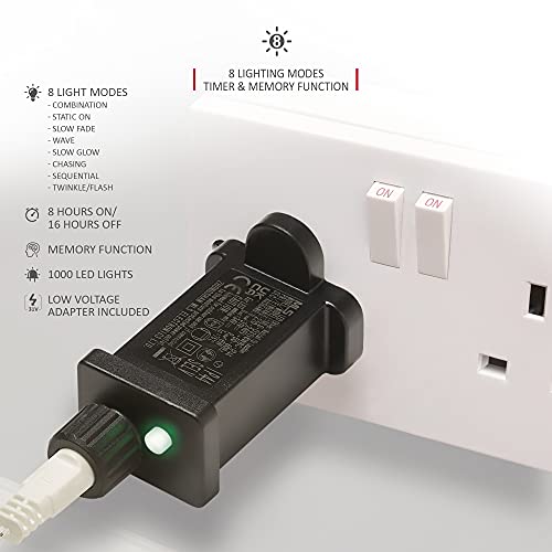 Icicle Lights Outdoor Christmas 1000 LED 30m Lit Length, Blue & Cool White LED Icicle Fairy House Lights with 8 Hours On Timer, Memory, 8 Lighting Modes, Mains Powered – 1000 LED, Blue & Cool White