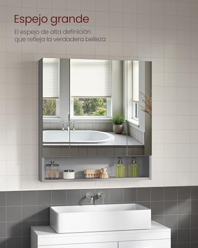 VASAGLE Kailyn Colección - Armario de Baño con Puertas, Armario de Pared con Espejo, Compartimento Abierto, Estantes Ajustables, 16,5 x 70 x 75 cm, Gris Paloma BBK129G01 - imagen 4