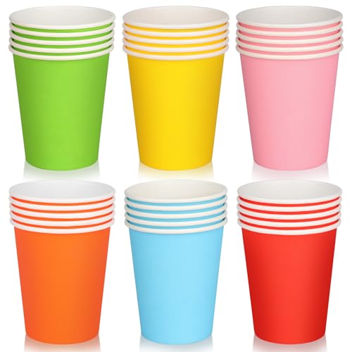 Fowecelt Rainbow Paper Party Cups - 60pcs 9oz Coloured Neon Round Dessert Cups for Birthday Party Supplies