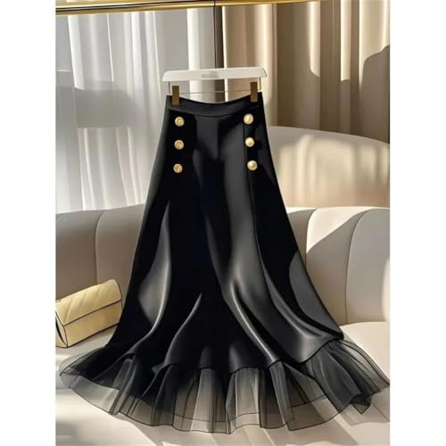 Women Satin Patchwork Skirt Double Breasted A-Line Party Skirts2