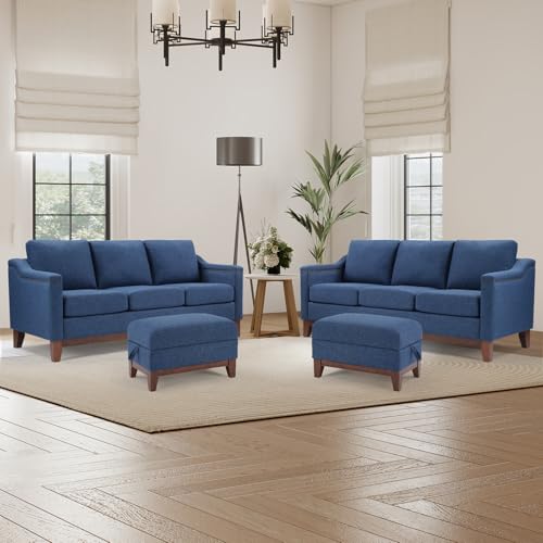 Image of HAOMARKETS 4 Piece Chenille Sofa Set with Nailhead Trim, Included 3-Seater Couches Set of 2 with Thicked Cushion and 2 Upholstered Storage Ottoman with Flip-Top Table, Living Room Furniture Set,Blue
