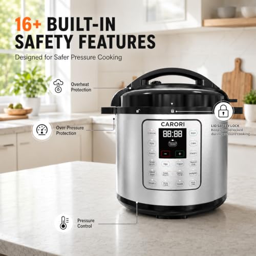 Image of CARORI 8Qt 12-in-1 1200W Stainless Steel Pressure Cooker,Quick Meals, Time-Saving, Healthy, Convenient & Efficient - with Safer Venting & Recipe Book, Silver