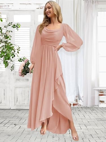GATMAHE Chiffon Long Sleeve Bridesmaid Dresses for Women Ruffles Cowl Neck A Line Formal Dress with Slit4