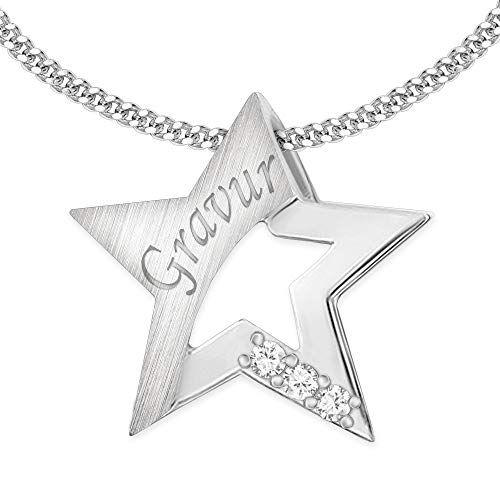CLEVER SCHMUCK Set mit Gravur: Silberner Anhänger Stern 15 mm seidenmatt und glänzend mit 3 Zirkonias offene Form und Kette STERLING SILBER 925 inklusive Namensgravur bis max. 8 Zeichen