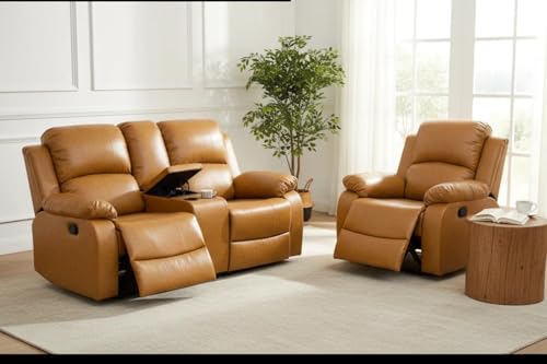 Leather Recliner Sofa Set with Storage and Cup Holders