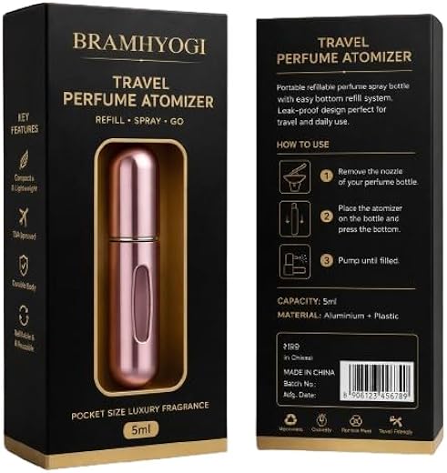 BRAMHYOGI Travel Perfume Atomizer, Refillable Spray Bottle, Aluminium, 5ml, Leak Proof, Pocket Size, for Men &amp; Women