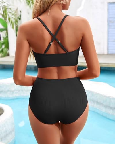 Charmo Push up Ribbed High Rise Bikini Sets Women Large Bust Longline Modest Bikini Swimsuits 2 Piece2