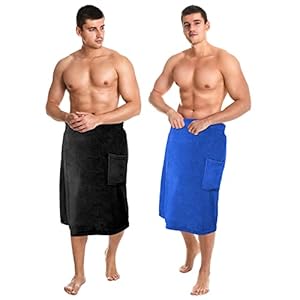 Tudomro 2 Pcs Men’s Bath Wrap Towel X-Large Shower Adjustable Terry Body Spa Towel with Pocket After Shower Wrap for Men Gift Spa College Bath Dorm Room Gym(Black, Bright Blue)