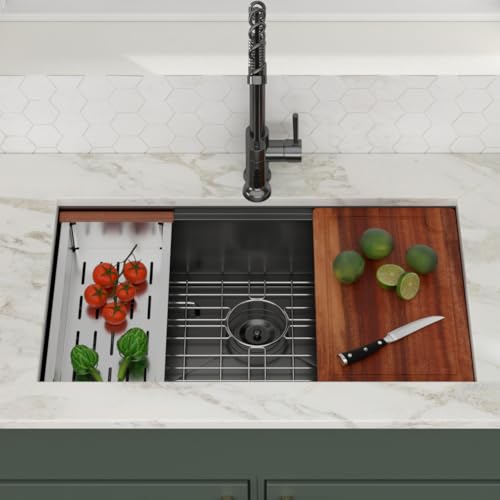 Logmey 30x19 Gunmetal Black Undermount Kitchen Sink 30 Inch Workstation Nano-PVD Stainless Steel Sinks 16 Gauge Single Bowl Kitchen Sink with Accessories 30x19x9 by Logmey - Used condition - Image 2