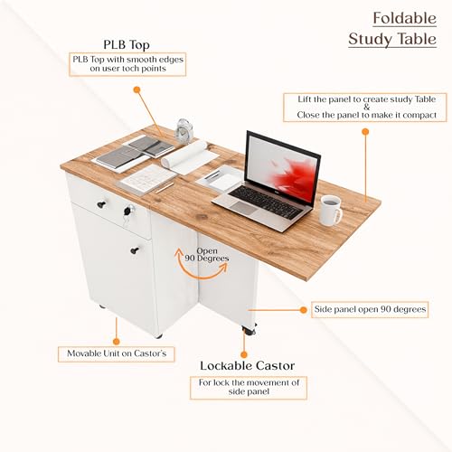 Image of Klaxon Foldable Study Table with Drawer & Storage Shelf | Compact Desk for Home & Students | Folding Design with Lockable Wheels. (Black, DIY Installation) (White, Kora)