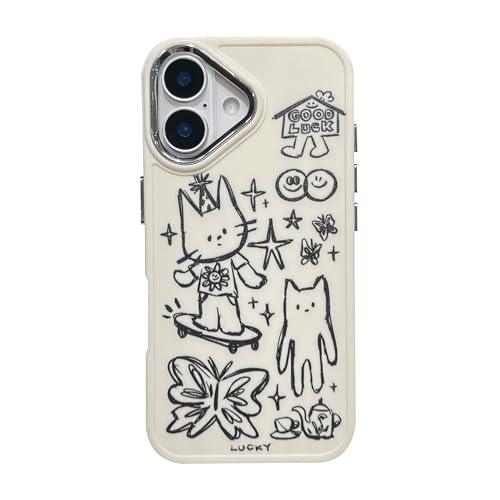Emylisa Designed for iPhone Case, Cute Cat Butterfly Star Lucky Line Drawing Soft Phone Case (White,for iPhone 16 Pro)