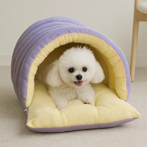 Winterhöhle, Gemütliches Monster-Katzenbett, Warme, Gemütliche Plüsch-Haustierhöhle, Weicher, Geschlossener Haustierschlafsack, Katzenbett Aus Cord-Tunnelzelt, Abnehmbar, Waschbar (Beige, S)
