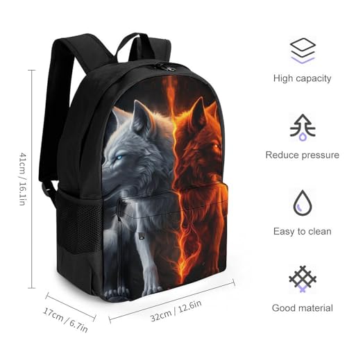 Supdreamc Ice And Fire Wolf Art Rucksack Polyester Anti-Theft Multipurpose Bookbag Big Capacity Travel and Sport Backpack Rucksack With Side Pockets2