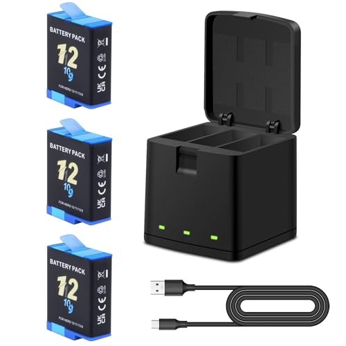 3-Pack 2000mah Battery Replacement Compatible for Hero 12/11/10/9 & Storage Fast Charger Box with Type-C Charging Cord Cable Compatible with Hero 12/11/10/9