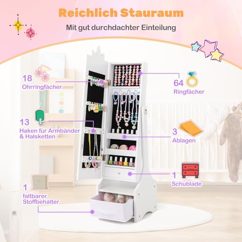 FANTASK Kinder Schmuckschrank, 2 in 1 Spiegelschrank neigbar mit Ganzkörperspiegel, Schublade & Aufbewahrunskorb, Schmuckständer Schminkspiegel Einhorn, 31,5 x 30 x 115 cm (Weiß)