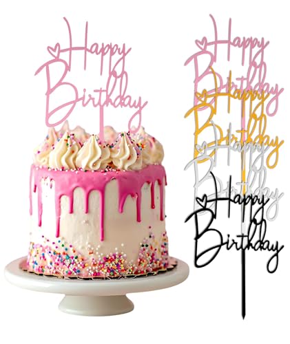 Image of 4Pcs Happy Birthday Cake Topper, Gold Pink Silver Black Cake Toppers for Cake Decoration, Elegant Cake Stand for Birthday, Cafe Display