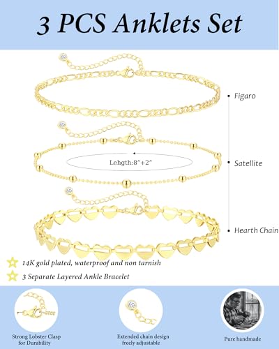 Image of ZHESHY Gold Silver Ankle Bracelets for Women 14K Gold Plated Anklets for Women Waterproof Cuban Link Heart Chain Anklets Set Non Tarnish Dainty Layered Anklet Bracelets for Women Summer Beach Jewelry
