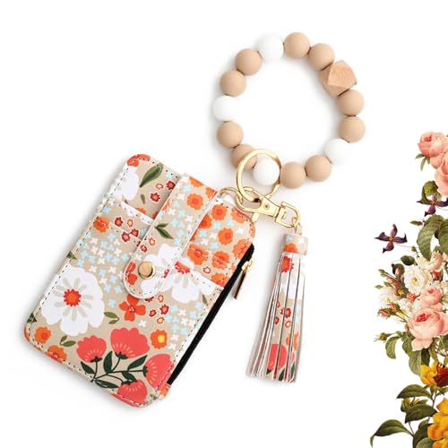 Sakesfor Boho Beaded Wallet Keychain, Boho Wallets for Women, Women's Wallet with Flower Pattern, Beaded&tassel Decorated Keychain, Credit Card Holder Purse for Women (Khaki)