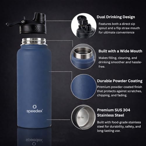 Image of Speedex Vacuum Insulated Stainless Steel Water Bottle 1 Litre (1000ml / 1L / 1 Ltr) with 2-in-1 Lid (Straw & Spout), Hot & Cold Leakproof Thermosteel Travel Flask for Office, Gym & School (Teal Blue)