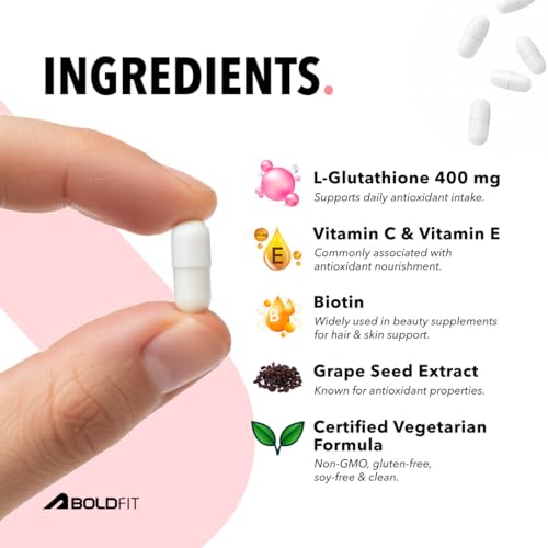 Image of Boldfit Glutathione 400mg with Vitamin C & E, Biotin, Grape Seed Extract L-Glutathione Supplement for Women & Men for Skin Care, Immunity & Liver Detox - 30 Capsules