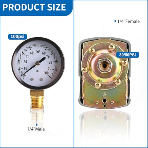 1"x 11"Well Pressure Tank Tee Kit with 30/50psi Pressure Switch,Brass Pressure Tank Installation Kit for Water Well,Fit Most pressure tanks with diameters up to 16"
