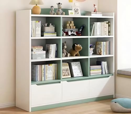 Modern Kids Storage Bookshelf 4-Tier Open Shelving Unit with Bottom Drawers Multi-Purpose Display Cabinet for Books Toys Nursery Organization For Study Room School & Home (Mint Green)