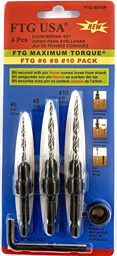 Image of FTG USA 3 Pc Wood Countersink Drill Bit Set #6#8#10 with 3 /8 inch Depth Stop | Includes sizes #6, #8, and #10 tapered bits. Comes with an adjustable 3 /8 inch depth stop collar and hex key tool