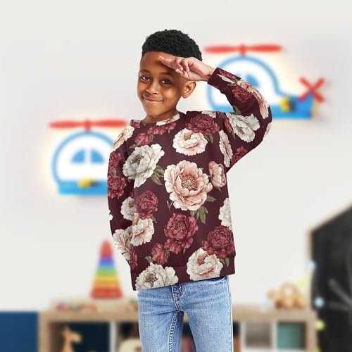 JUNZAN Vintage Peony Burgundy Little Girls Hooded Sweatshirt Crewneck Sweatshirts for Boys Sports 4T4