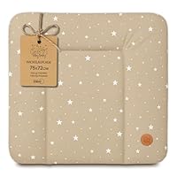 Wickelauflage Wickelunterlage abwaschbar und wasserdicht 75x72 cm - Wickelmatte zum Auflegen auf Wickeltisch Wickelaufsatz Wickelkommode oder Waschmaschine Oeko-Tex75 x 72 Beige mit Weiß Sternen