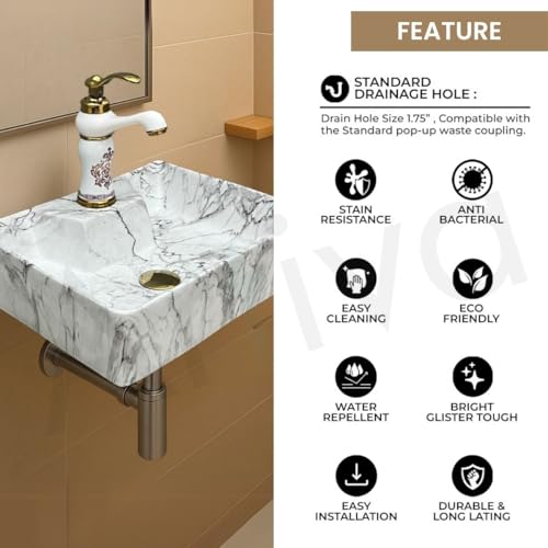 Image of Artiva Designer Ceramic Table Top Wash Basin For Bathroom /Wall Mounted Bathroom Sink /Wall Hung Washbasin /White Wash Basin For Cabinet, Countertop, Vanity (Statuario White 16 x 12 x 5 Inch)
