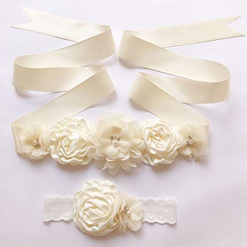 MoonyLI Bandeau robe ceinture ensemble, ceinture de demoiselle d'honneur floral ceinture, ceinture de fleurs pour femmes filles fleur Style mariée robe de bal...