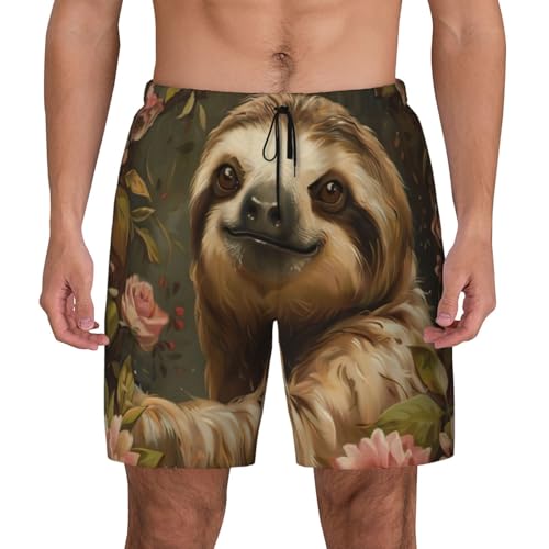 Cute Sloth Mens Double Polyester Swimsuit Trunks Swim Shorts with Compression Liner and Patch Pocket.