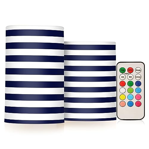Image of YETTASBIN Navy Blue Stripes Flameless Candles with Remote Control and Timer, Adjustable Brightness Long Lasting Battery Operated LED Pillar Candles for Indoor Outdoor Party Home Decor, 2 Pack