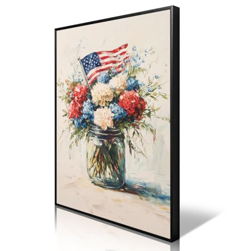 Image of American Flag Canvas Wall Art, 4th of July Patriotic Poster Print, USA Flag and Colorful Vase Flowers Picture, Rustic Independence Day Wall Decor for Bedroom Living Room 24x36in Unframed