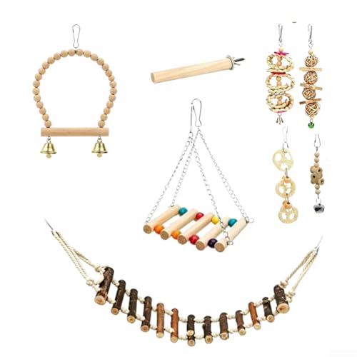 Sawhamale Juego de 8 juguetes masticables de madera para loros con columpio y escalera, accesorios interactivos para loros pequeños y medianos, juego de madera natural y kit de escalada para fomentar