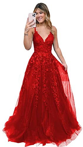 Robe de soirée longue rouge en tulle col en V taille 52