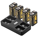 HW 9V Batteries，[4-Pack] 3600mWh Rechargeable 9 Volt Battery with Charger Square Li-ion Betaria for Smoke Detectors/Alarms/Medical Devices/Guitar Pedals/Toys