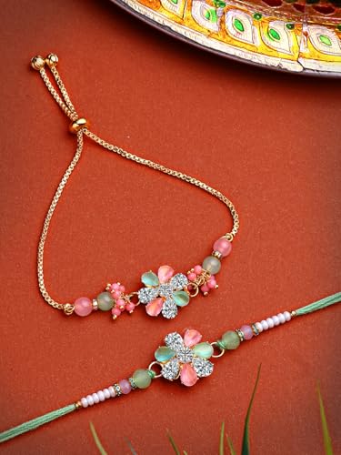 Image of Sukkhi Rakhi Most Beautiful Floral with Gold Plated Rakshabandhan Combo Lumba Rakhi for Bhiaya Bhabhi Brother with Roli Chawal & Greeting Card|Set of 2