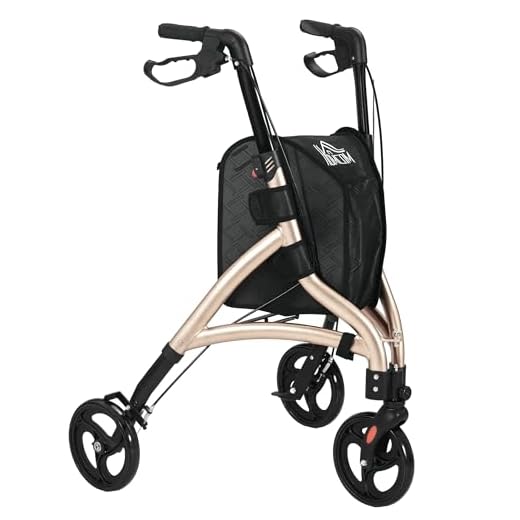 HOMCOM 3 Wheel Rollator, Lightweight Aluminium Tri Walker with Adjustable Handle, Storage Bag and Dual Brakes, Folding Mobility Walking Aid for Elderly, Handicapped, 5.3kg, Gold Tone